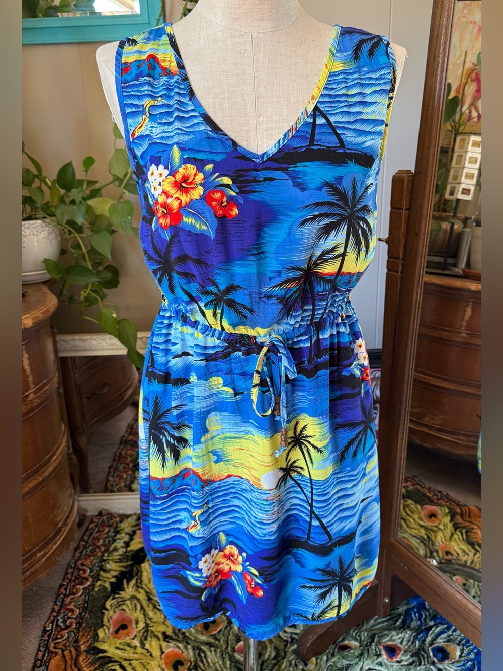 Hawaiian Blue Floral Tropical Print Sleeveless mini dress, size M